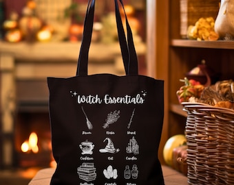 Black Cotton Witchy “Witch Essentials” Tote Bag Witchcraft Broom Crystals Spellbooks Shopping Bag Herbs Witch Hat Potions Wand Candle Tote