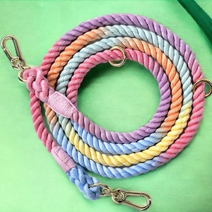 Op de afbeelding: Een veelkleurige touwhalster voor honden met een pastelkleurig regenboogkleurenschema. De halster is gemaakt van dik, gevlochten touw en heeft aan het ene uiteinde een metalen clip.