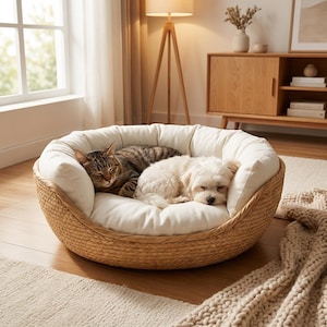 Cesta redonda de mimbre para mascotas / 3 tamaños / Cama bohemia para gatos y perros pequeños con cojín / Nido de ratán natural para mascotas /