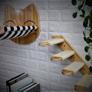 Elegant Solid Wood Cat Shelf Hammock & Stairs - Perfect Vertical Haven - Cat bed climbing frame - wall mounted - handmade
