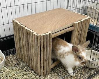 Natural Twig Wooden Small Animal House | Rabbit Guinea Pig Hamster Mice Hide | Rustic Branch Hideout with Flat Roof