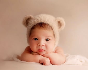 Cute little teddy bear ears head wrap bonnet hat newborn baby photoshoot prop
