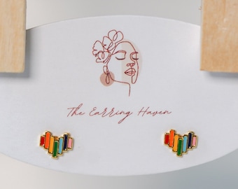 Rainbow Heart Stud Earrings, Cute Stud Earrings, Sterling Silver Earrigns, Gold Earrings, Colorful Earrings, Small Earrings, Summer Earrings