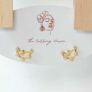 Capricorn Zodiac Stud Earrings, Gold Plated Sterling Silver with CZ Diamonds, Constellation Jewelry Gift for Her, Small Dainty Stud Earrings