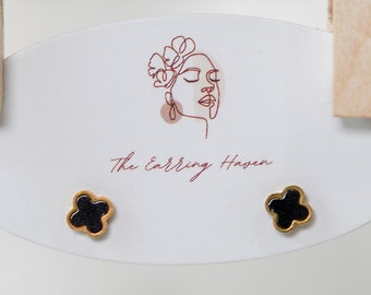 Black Clover Earrings, Gold Stud Earrings, Screw Back Earrings, Four Leaf Clover, Small Earrings, White Clover Earrings, Flower Stud Earring