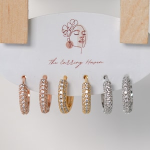 Cubic Zirconia Huggie Hoop Earrings: Gold, Rose Gold, Silver Set