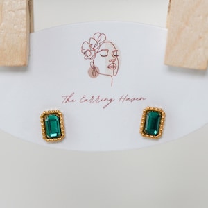 Green Rectangle Stud Earrings, Gold Earrings, Crystal Earrings Studs, Minimalist Earrings, Green Earrings, Gifts For Her, Earrings Studs