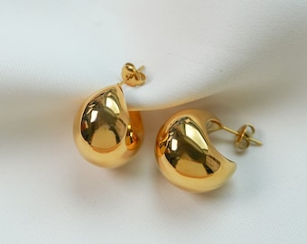 Chunky Hoop Earrings, Big Drop Hoops, Teardrop Earrings, Gold Drop Earrings, Dome Earrings, Gold Earring, Minimalist Earrings, Gifts For Her
