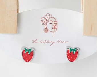 Strawberry Stud Earrings: 18K Gold Plated Stainless Steel, Screw Back