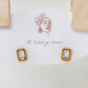 Clear Crystal Rectangle Earrings, Minimalist Jewelry, Dainty Stud Earrings, Tiny Stud Earrings, Screw Back Earrings, Gold Everyday Earrings