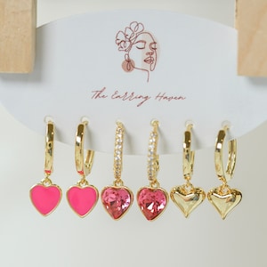 Heart Dangle Earrings Set, Huggie Earrings With Charm, Heart Drop Earrings, Heart Jewelry, Handmade Gift, Small Hoop Earrings With Charm