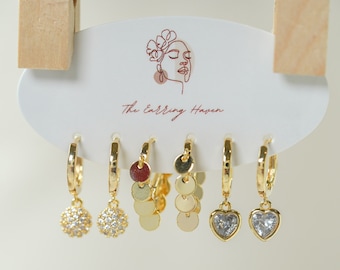 Gold Earring Set, Small Hoop Earrings With Charm, Handmade Jewelry Earrings, Gold Plated Earrings, Everyday Hoop Earring Stack Set, Dainty