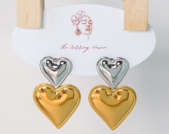 Two Tone Earrings, Double Heart Earring, Mixed Metal Earrings, Statement Earrings, Chunky Earrings, Unique Earrings, Large Dangle Earrings
