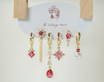 Parure de boucles d'oreilles en cristal rose, Boucles d'oreilles dépareillées, Boucles d'oreilles dépareillées, Boucles d'oreilles roses pendantes, Boucles d'oreilles esthétiques, Jolies boucles d'oreilles, Cadeaux pour femme, Produits délicats