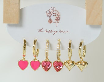 Heart Dangle Earrings Set, Huggie Earrings With Charm, Heart Drop Earrings, Heart Jewelry, Handmade Gift, Small Hoop Earrings With Charm