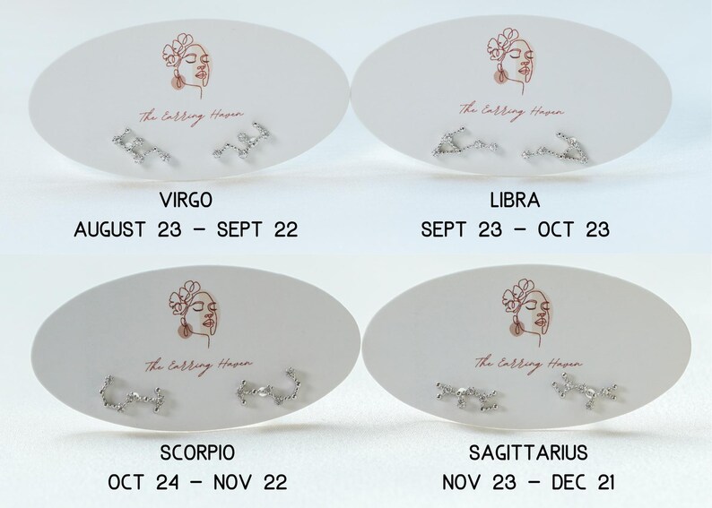 May include: Four pairs of silver stud earrings, each with a different zodiac sign design, are displayed on white oval cards. The cards include the zodiac signs Virgo, Libra, Scorpio, and Sagittarius, along with their corresponding dates. The text "The Earring Haven" is also visible.
