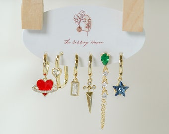 Huggie Earrings With Charm, Set of 6 Mix and Match Earrings, Red Heart Earrings, Everyday Earrings, Jewelry Set, Handmade Jewelry, Dainty
