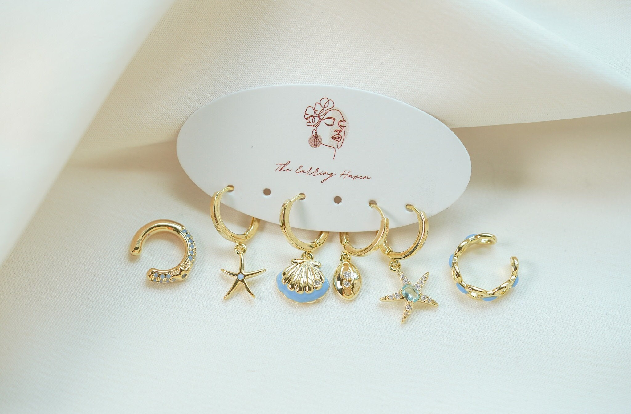 Sea Shell Earrings, Ear Cuff Earrings, Gold Hoop Earring Set, Cowrie Earrings, Conch Earring Hoop, Earring Stack, Handmade Jewelry, Dainty