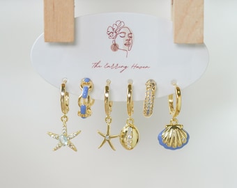 Sea Shell Earrings, Ear Cuff Earrings, Gold Hoop Earring Set, Cowrie Earrings, Conch Earring Hoop, Earring Stack, Handmade Jewelry, Dainty