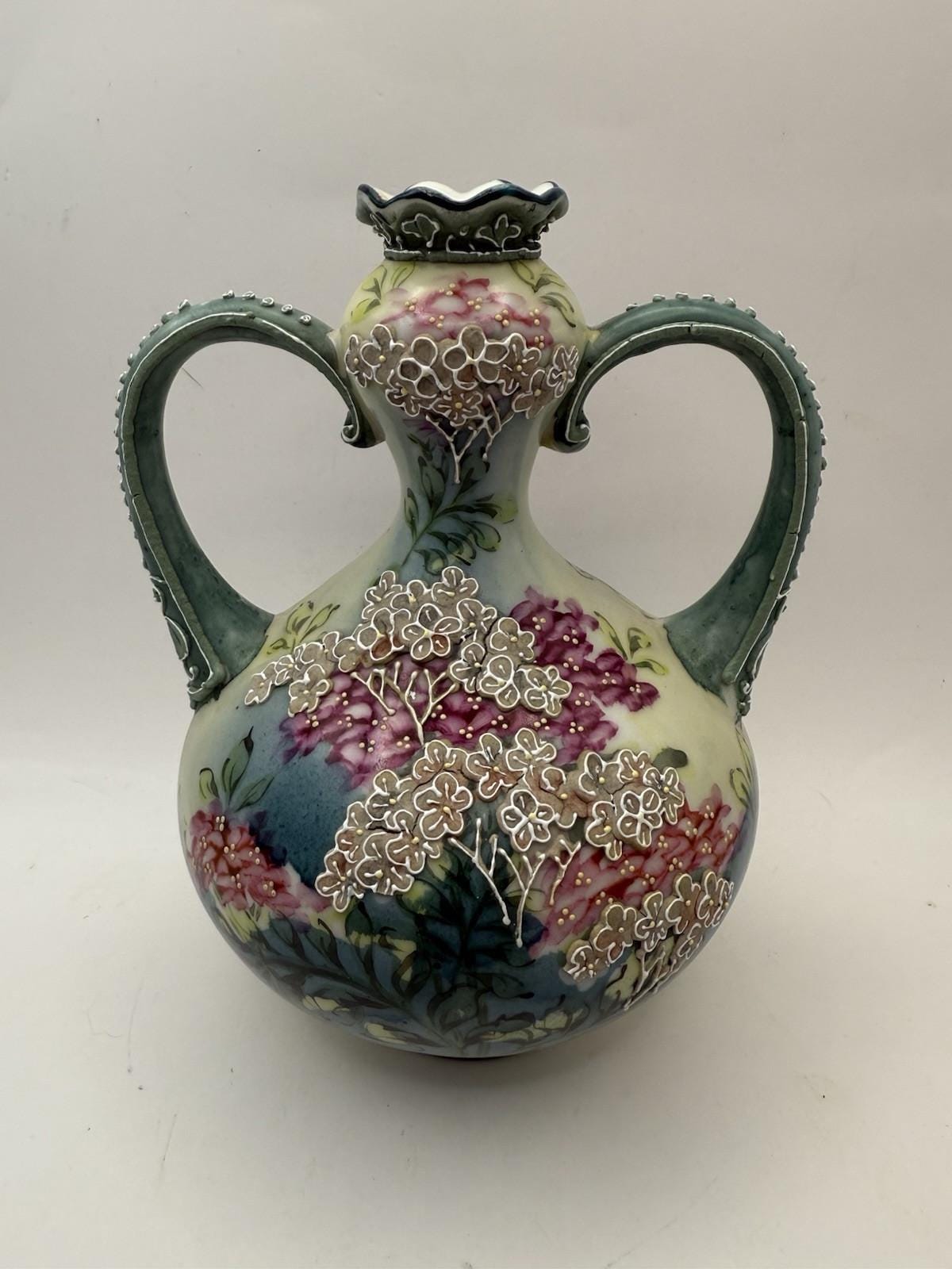 Antique Nippon Moriage Vase Two Handled Beaded 7.5"