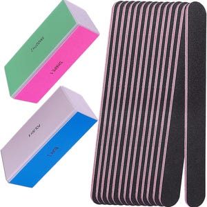 May include: A collection of nail care tools. The image shows three multi-sided nail buffers in green, pink, and blue, with text indicating their function. Also shown are several black nail files with pink edges.