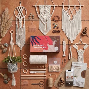 May include: A macrame starter kit box with the text Macrame Starter Kit For Beginners and More Advanced, surrounded by various macrame wall hangings, a plant hanger, wooden dowels, a spool of cord, wooden beads, a comb, scissors, and a project book.