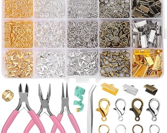 May include: A clear plastic organizer filled with various jewelry-making supplies. Includes jump rings, clasps, crimp ends, and pliers with pink handles. Also shown are a measuring tape, tweezers, and other jewelry-making tools.