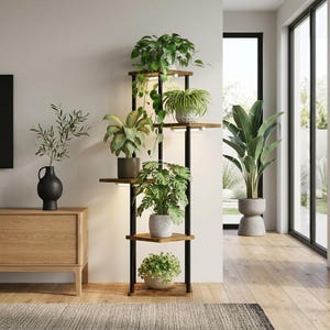 May include: A tall, multi-tiered plant stand featuring a black metal frame and five wooden shelves. The stand holds various green potted plants, with integrated LED grow lights positioned beneath the upper shelves to illuminate the foliage below.
