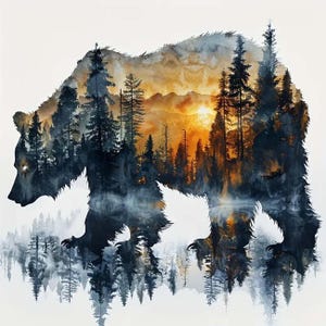 May include: Silhouette of a bear filled with a forest scene. The bear is black, and the forest interior features tall trees, a sunset, and a mountain range. The artwork is a watercolor painting with a white background.