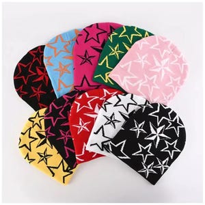 Stars Knit Beanie Hat – Y2K Dome Cap – Unisex Thermal Skull Cap – Stretch Fit – Hip Hop Style – Multiple Colors – One Size – NEW