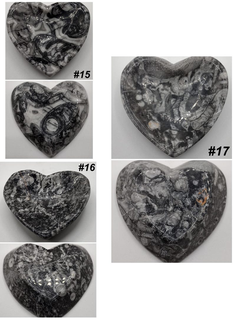 May include: Heart-shaped decorative stone pieces in shades of gray and white. The stones have unique patterns and textures. Some pieces have the numbers #15, #16, and #17 printed on them.