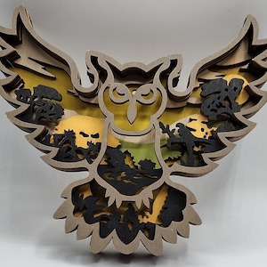 Layered Wooden Owl Wall Sculpture: Handcrafted 3D Nature Art