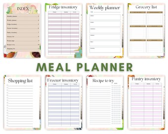 May include: A printable meal planner with a colorful watercolor background. The planner includes sections for a monthly planner, weekly planner, grocery list, fridge inventory, freezer inventory, pantry inventory, shopping list, and recipe to try.