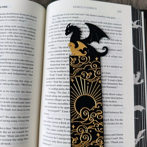 Dragon Bookmark and Bookshelf Display - Black and Gold - With Sun and Clouds - 3D Printed