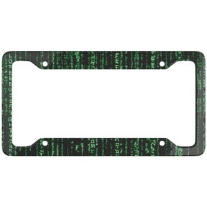 Op de afbeelding: Zwarte kentekenplaathouder met een groen matrixcodepatroon.