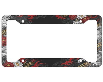 Japanese Style License Plate Frame, Irezumi Wave Design Car Frame, JDM Car Accessory, Samurai Tattoo Pattern Frame, Red Black Car Frame