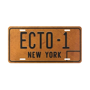 May include: A brown and yellow number plate with black text that reads "ECTO-1" and "NEW YORK".