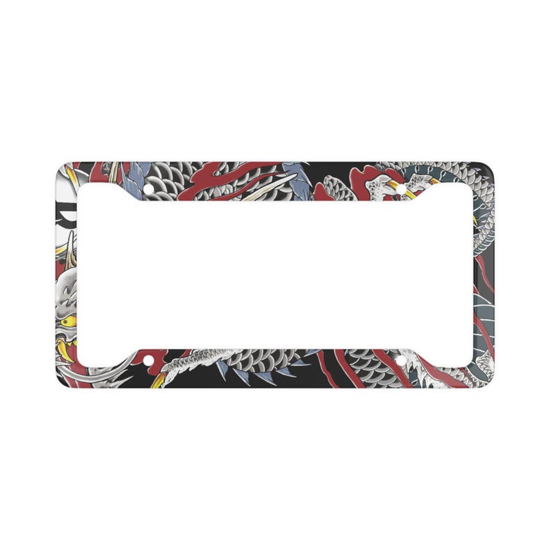 License plate frame featuring a bold Japanese irezumi-style dragon tattoo inspired by Kiryu from the Yakuza video game series, with detailed red, grey, and black artwork wrapping around the frame edges.