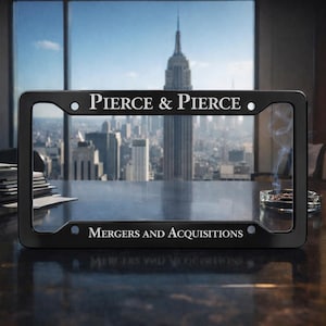 Pierce & Pierce License Plate Frame, Metal License Plate Holder, Mergers and Acquisitions, Murders and Executions, American Yuppy Culture