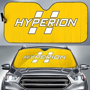 May include: Yellow car sunshade with the word "HYPERION" in white letters and two white diagonal lines.