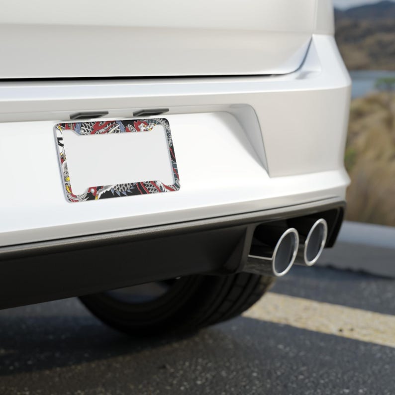 K&ouml;nnte beinhalten: Ein Nummernschildrahmen mit einem farbenfrohen, komplizierten Design mit roten, schwarzen und wei&szlig;en Mustern. Der Rahmen ist an der R&uuml;ckseite eines wei&szlig;en Autos montiert, wobei die Auspuffrohre darunter sichtbar sind.