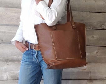 Large Leather Brown Tote Bag Handmade