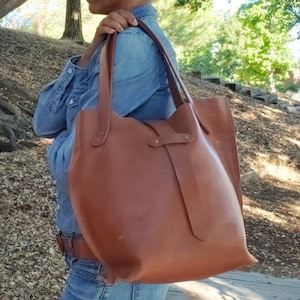 Large Leather Cognac Tote Handmade