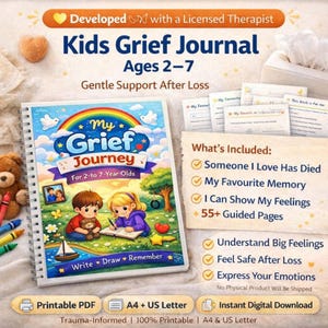 May include: A spiral-bound "My Grief Journey" journal for children ages 2-7, with a colorful cover featuring a rainbow and illustrations of children. The journal includes over 55 guided pages and is designed to help children process loss.