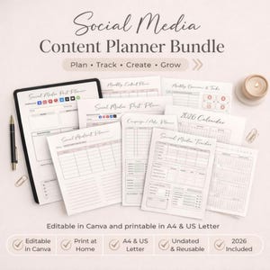 May include: A collection of social media content planner printables and a tablet. The text on the image reads "Social Media Content Planner Bundle" and "Plan • Track • Create • Grow". The planner bundle includes a 2026 calendar and is editable in Canva.