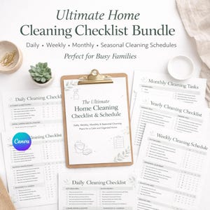 May include: A collection of home cleaning checklists and schedules. The central document, held by a clipboard, is titled "The Ultimate Home Cleaning Checklist & Schedule." Other checklists include daily, weekly, monthly, and seasonal schedules. The text "Perfect for Busy Families" is also visible.
