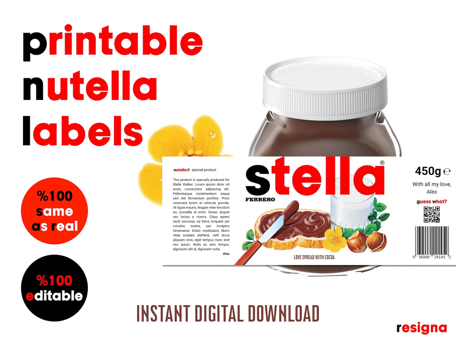Personalized PRINTABLE NUTELLA Jar Label Digital File Printable Nutella