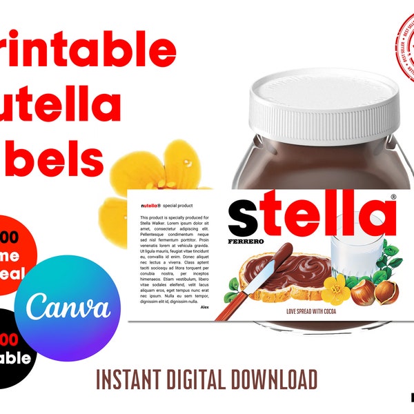 Personalized PRINTABLE NUTELLA Jar Label Digital File | Printable Nutella Labels | Customize Hazelnut Spread Label | Instant Download