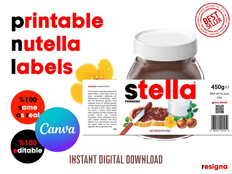 Personalized PRINTABLE NUTELLA Jar Label Digital File Printable Nutella Labels Customize Hazelnut Spread Label Instant Download image 1