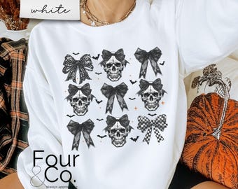 Sudadera con coqueta de Halloween, sudadera con lazo de calavera